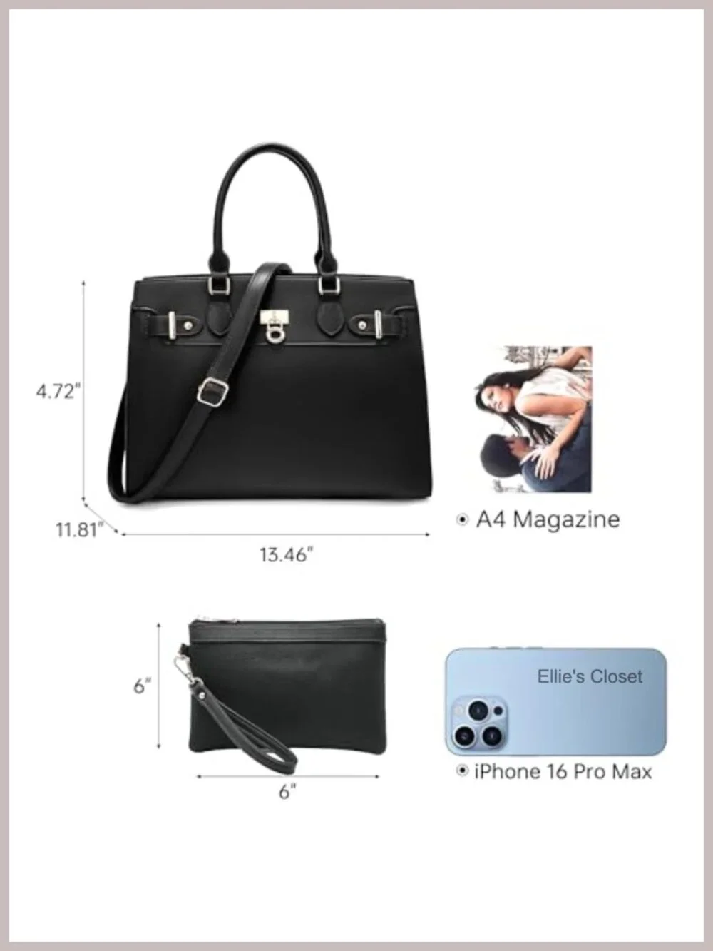 Large Faux Leather Satchel Top Handle Work Tote with Wristlet